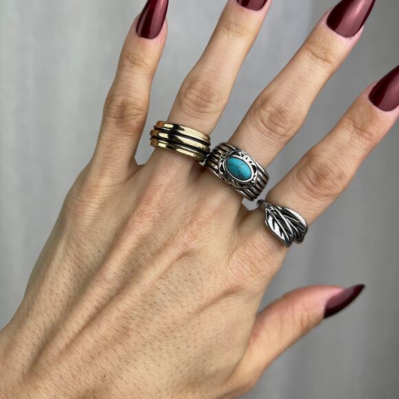 🫶🏼 Boho Rings Set Silver Leaves Gold Black Stripes Turquoise Howlite 5.5 6 6.5 - Picture 1 of 16